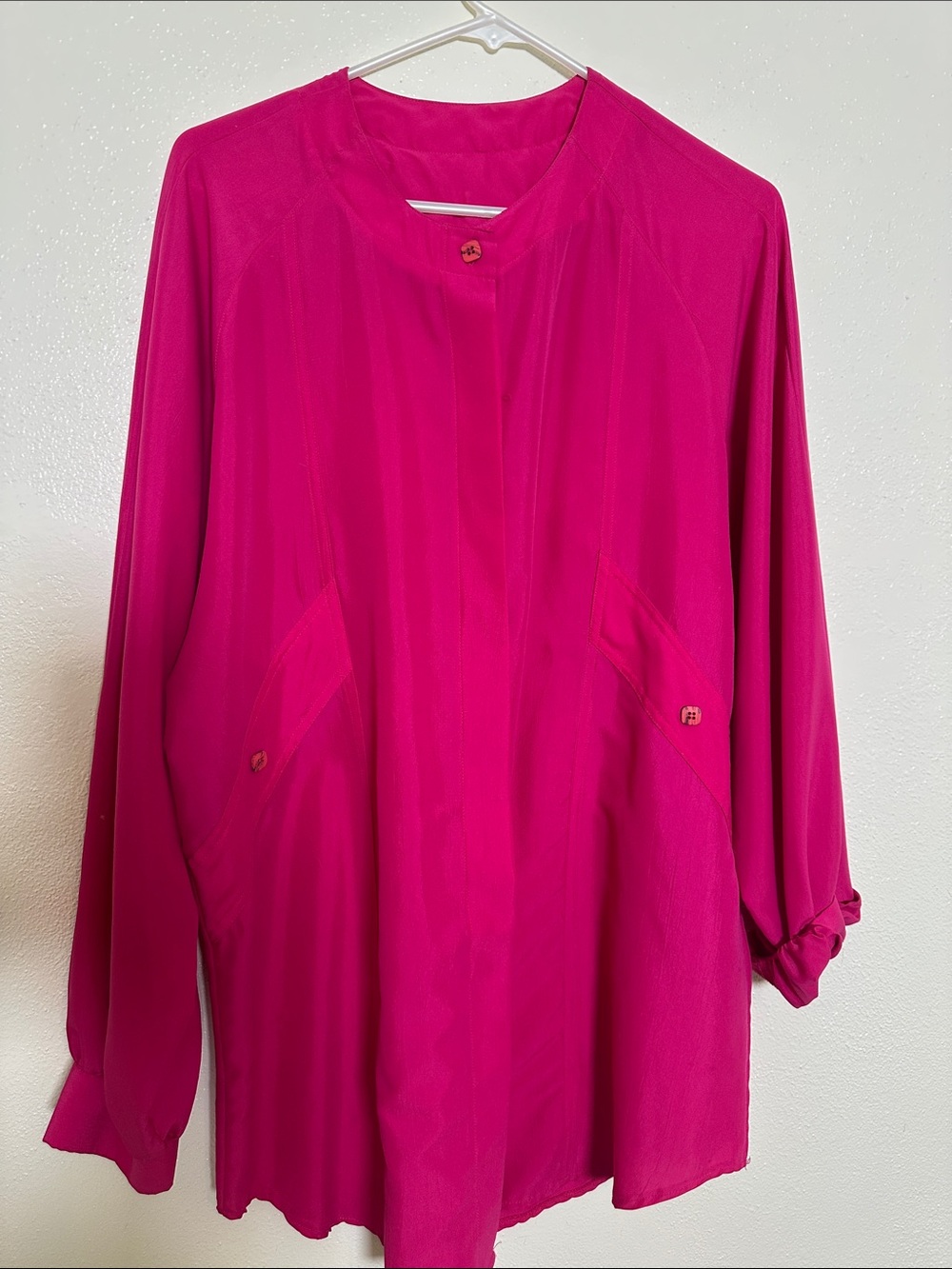 Plus-Size Fuchsia Long Sleeve Blouse with Front Pockets